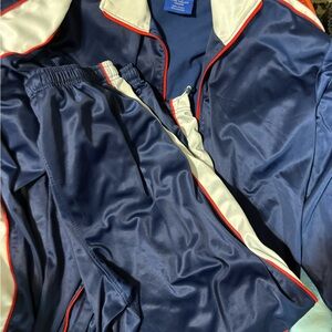 Navy Satin Track Jacket and Pants Set with White & Red Trim